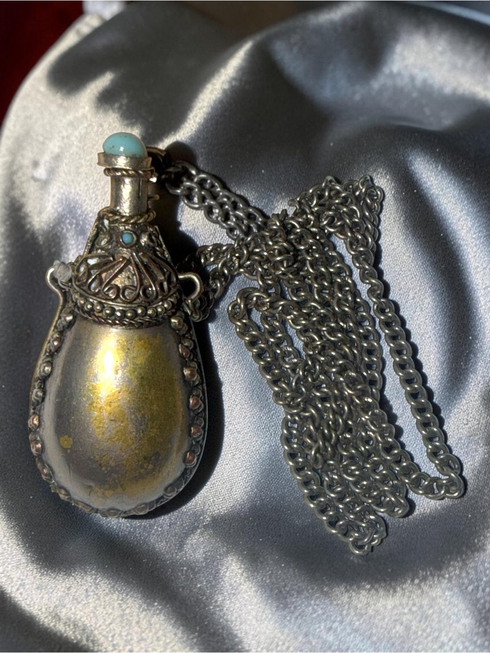 Vintage Ornate Perfume Bottle Pendant Necklace Turquoise Accent Silver Tone - Picture 2 of 6